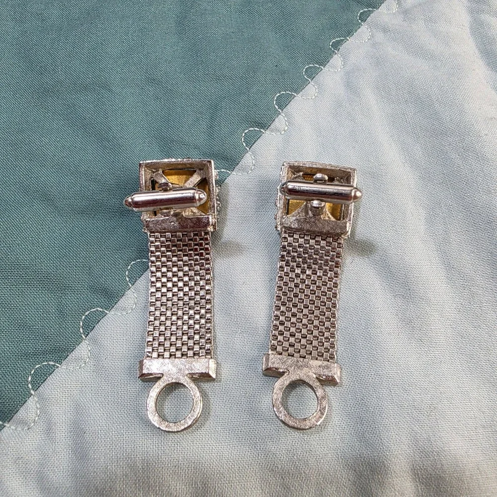Vintage Mesh Wrap Cufflinks Mens Blue Crystal‎ Silver Tone Square Toggle Back